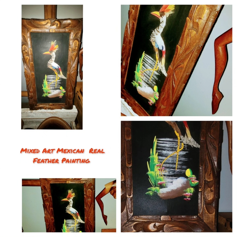 Antique Mixed Mexican Art with real feather